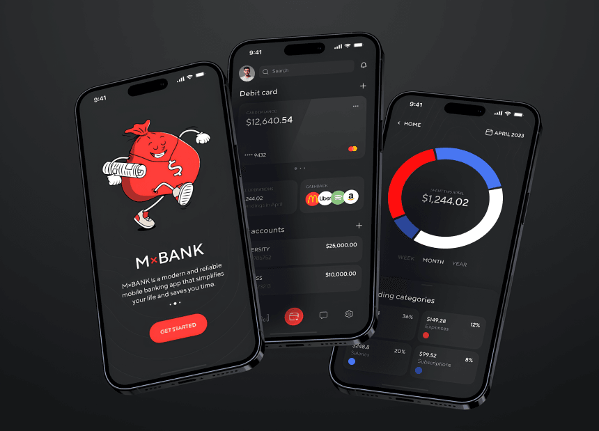Mobile banking app interface showing account balance and transaction history