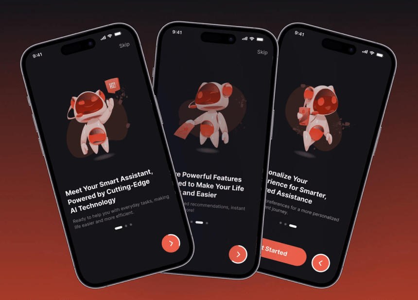 AI personal assistant app interface showing smart task recommendations, efficiency tools, and user preference settings.