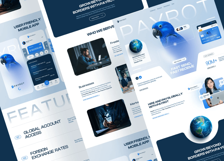 Multiscreen layout of Payrot’s online finance and payment app