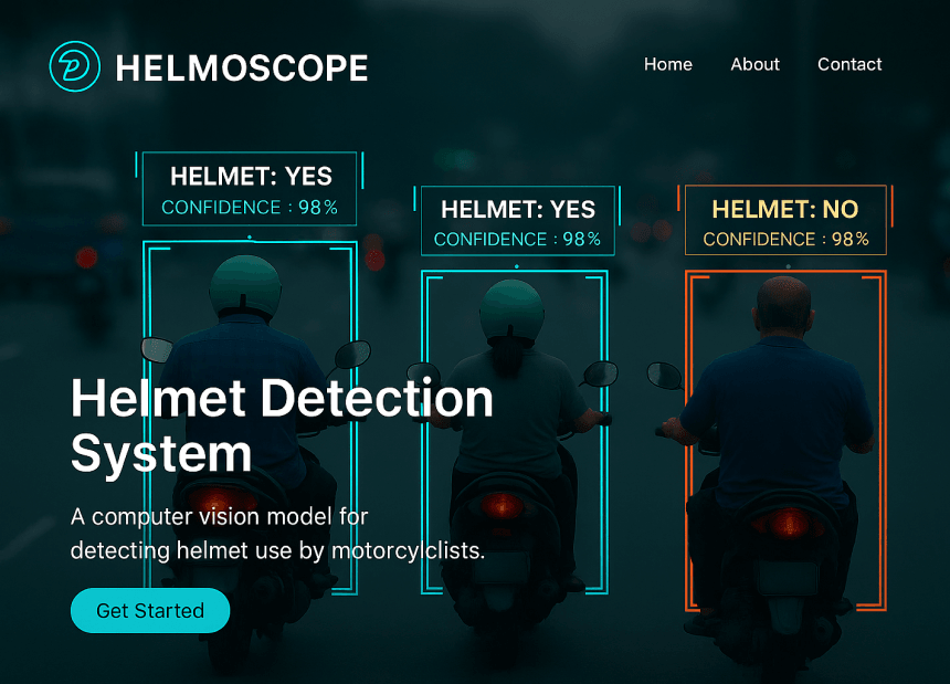 Safety tech interface with helmet detection status and 'Get Started' prompt.