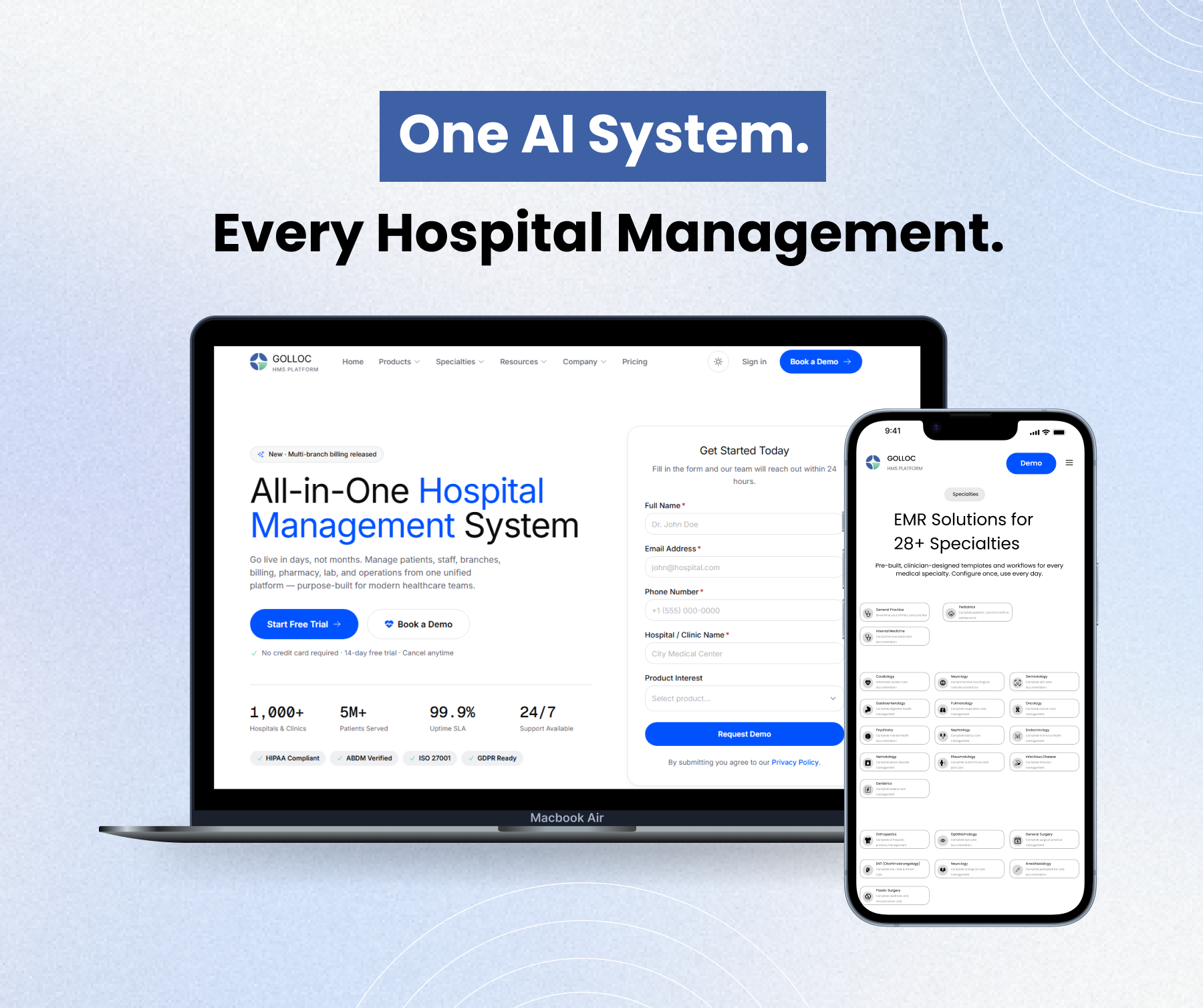 Golloc hospital management system on a laptop and phone, with specialty EMR templates