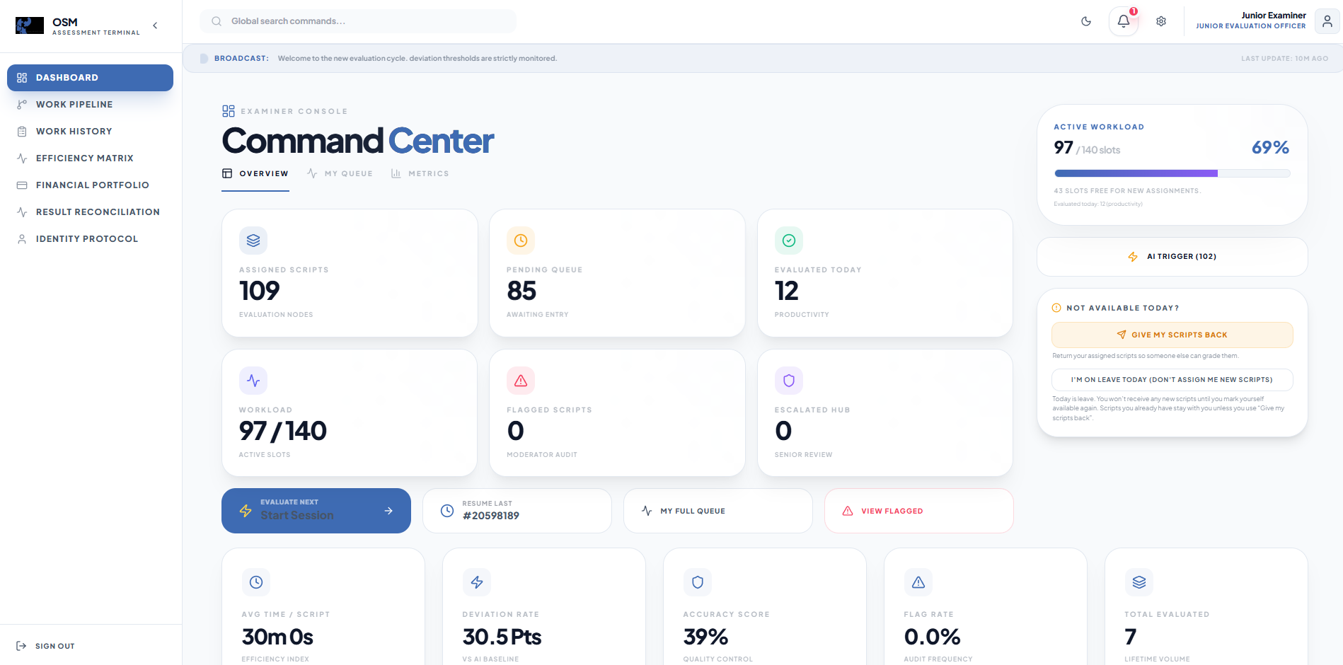 OSM Assessment Terminal examiner command center with workload and AI metrics