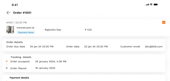 Socialer order detail screen with tracking timeline