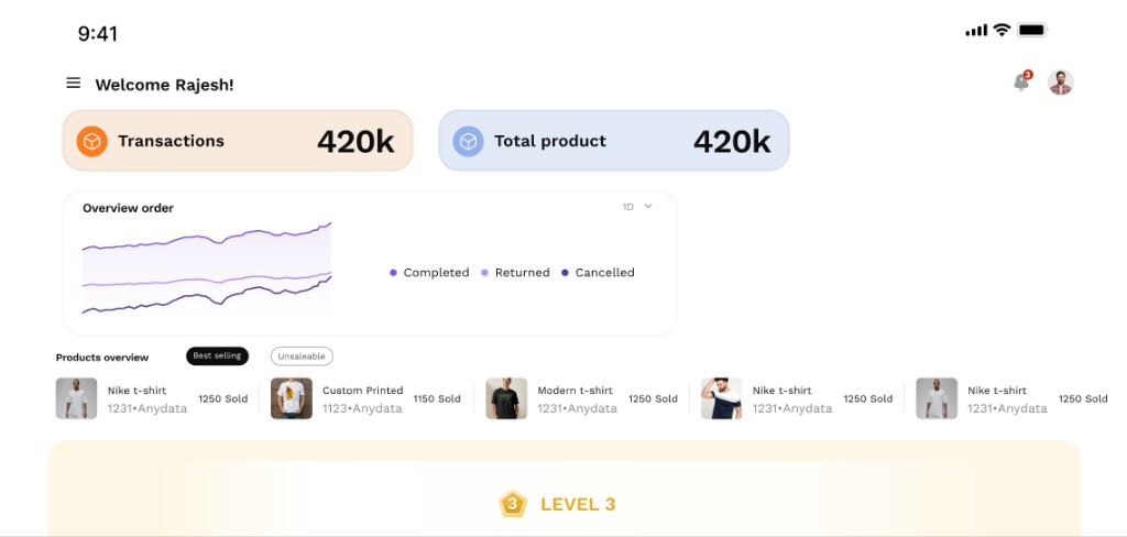 Socialer seller overview dashboard with transactions and orders