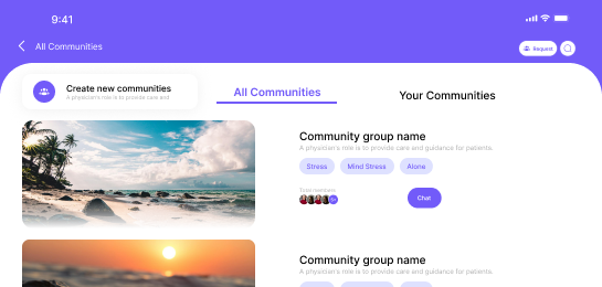 SURGE communities screen with care groups and chat